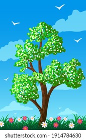 Spring illustration blooming tree on grass with flowers against blue sky.