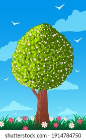 Spring illustration blooming tree on grass with flowers against blue sky.