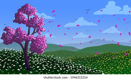 Ilustración de primavera. Árbol floreciente en praderas con flores y pájaros volando en nubes.