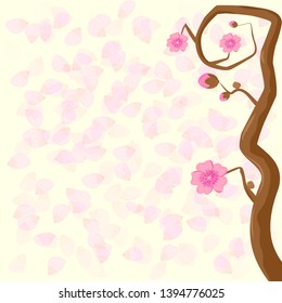 spring illustration, a branch of a tree with pink flowers shifted to the right on a background of petals