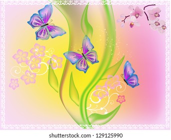 spring illustration with butterflies and flowers