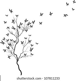 spring illustration with butterflies and tree