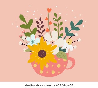 Spring illustration. Card with spring flowers, leaves and bouquets. Greeting card, poster, baner .Vector