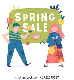 Spring illustration with cartoon people characters. Concept spring season sale banner for promotion and offer with woman, man and couple. Decoration with cute flowers and leaves. Vector.