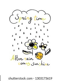 Spring Illustration with cloud, raindrops, flowers, ladybug and text. Spring phrase. Spring background in doodle style. Childish print.
