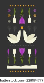 Spring illustration. Composition of the crocuses, birds, trees