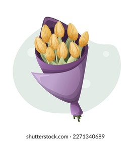 spring illustration concept. bouquet of yellow tulips in purple packaging. vector. cartoon style