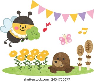 Spring illustration with cute bee, mole and plants