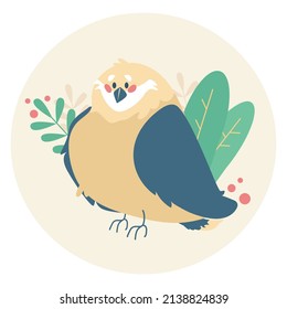 spring illustration of a cute bird among flowers and berries