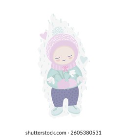 Spring illustration of a cute child smiling and holding snowdrops in their hands. The character collects snowdrops in a park or forest. This kind illustration in soft pastel colors.