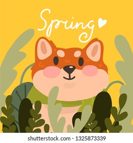 Spring illustration with cute shiba inu. Dog vector.