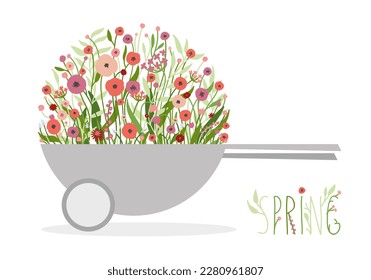 Spring illustration. The decorative flower bed in the garden wheelbarrow 