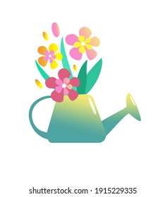 Spring illustration with decorative watering can decorated with flowers.Vector illustration for social media content, invitation, poster, picture in the interior, print, postcard.