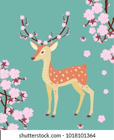 Spring illustration with a deer and cherry blossom.