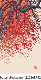 Ilustración de primavera con ramas de árbol densamente florecientes. Banner vectorial abstracto vertical con árbol florido en forma de manchas rosadas y rojas en una rama sobre un fondo de papel antiguo