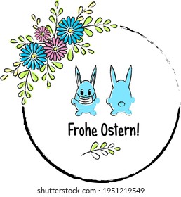 Spring illustration depicting an Easter bunny with an inscription in German Happy Easter! The masked hare is surrounded by a spring wreath of flowers. Below is a spring twig. Vector. EPS 10