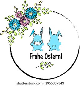 Spring illustration depicting an Easter bunny with an inscription in German Happy Easter! The masked hare is surrounded by a spring wreath of flowers. Below is a spring twig. Vector. EPS 10