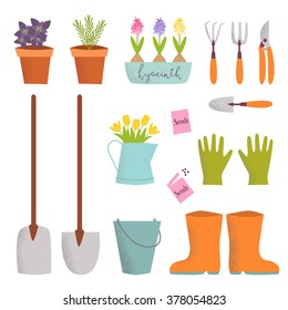 Spring illustration for design, cards. Vector illustration of various gardening items, plants in pots, clothes for gardening. Flat design illustration of items for gardening. Vector isolated draw.