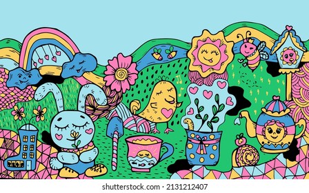 Ilustración primaveral al estilo doodle. Ave, flores, abejas, tetera, taza.