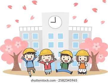 Spring illustration of elementary school students smiling and jumping in front of school and cherry blossoms