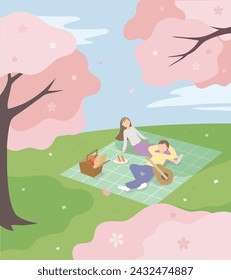 Spring illustration featuring a man and woman having a picnic under a cherry blossom tree