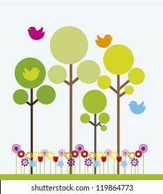 spring illustration with flower and trees. vector