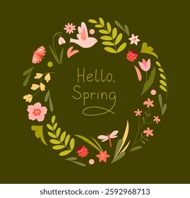 Spring illustration with a flower wreath, delicate leaves, flowers, butterflies, ladybugs and a bird on a dark green background. Suitable for cards, prints, decor, packaging, invitations