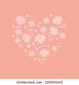 Spring illustration of flowers in the form of a heart. Daisies in the shape of a heart. Design for fashion and poster print, sticker, wall art, postcard, phone case.