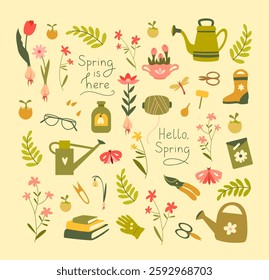 Spring illustration with gardening tools, flowers, plants and gardening accessories. The composition includes watering cans, secateurs, gloves, books, seeds, butterflies and grass