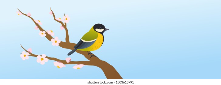 Spring illustration with great tit bird on blossom branch