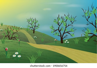 
spring illustration green hills, path, trees with leaves, bushes tulips and daffodils, sun blue sky