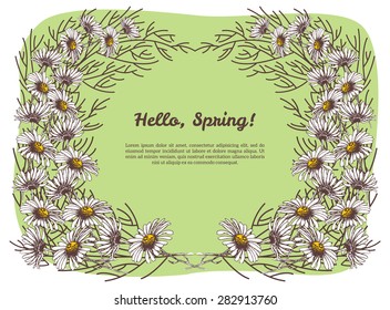Spring illustration with hand drawn chamomile wreath. Vector. Floral sketch frame.