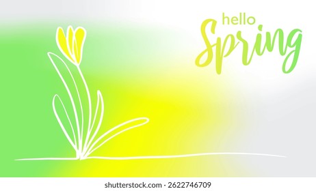 spring  illustration with hand drawn flower and "Hello Spring" lettering on a green, yellow gradient. Ideal for banners, cards, social media, ads, seasonal poster, flyer, web banner design.