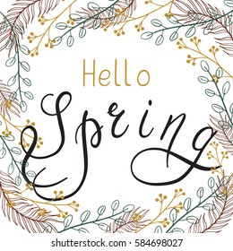 Spring illustration with handwritten text, leaves and branches. Vector