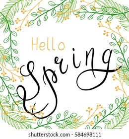 Spring illustration with handwritten text, leaves and branches. Vector