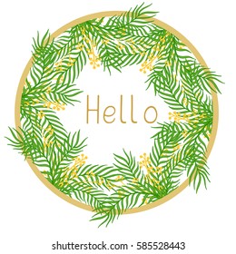 Spring illustration with handwritten text, leaves and branches. Vector