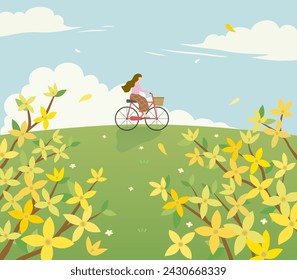 Spring illustration with a hillside landscape with forsythia and a girl