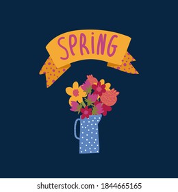 Spring illustration with the inscription Spring. Cartoon postcard with flowers in a pot. Concept of a festive Easter illustration with flowers. Happy spring holiday of Easter. Vector illustration