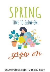 Spring illustration invitation cartoon card with girl plats flowers vector