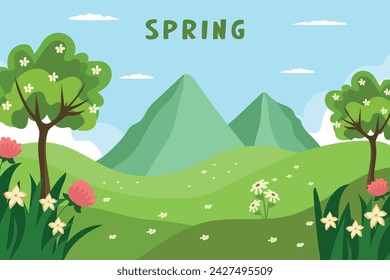 Spring illustration. Spring landscape with flowers, meadow, mountains and trees. Vector.