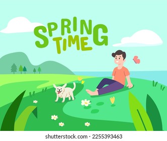 Spring illustration landscape  view with cartoon character 