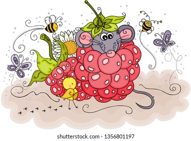 Spring illustration with little mouse inside a raspberry