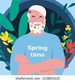 Spring illustration with a man with flowers all over his beard