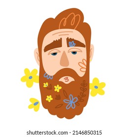 Spring illustration with a man with flowers all over his beard. Bearded red-haired hipster with languishing look. A good poster or print for the Barbershop. Blossoming beard.