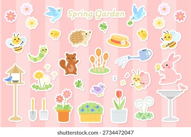 Spring illustration material set, sticker style, cute