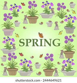 spring illustration with mice, butterflies, snail and allium flowers and violets