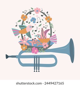 Spring illustration with Musical instrument trumpet a with a basket, birds, snowflakes, notes. Green, pink colours. For postcards, concert invitations, banners, posters