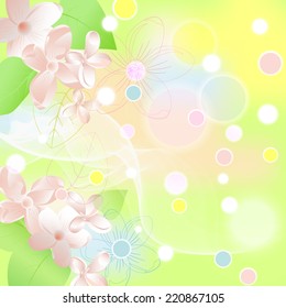 spring illustration on blurred background with flowers lilac