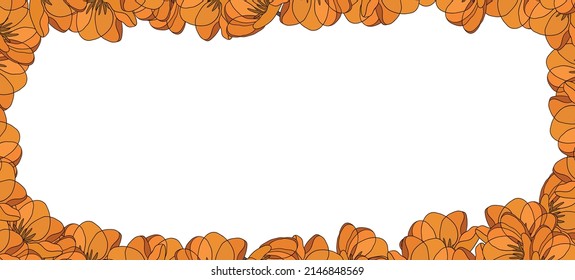 . . Spring illustration with orange tulips. Happy birthday, holiday, celebration greeting and invitation card. Colorful floral banner with flowers . Modern floral compositions. Copy space.