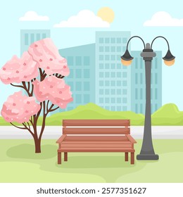 Spring illustration, park bench scene with pink tree and lantern on cityscape background, cartoon style